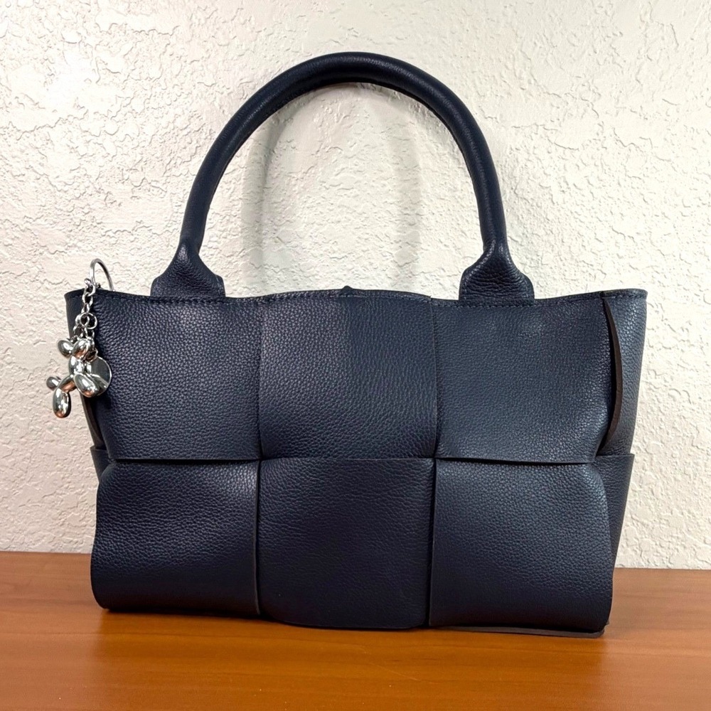 Italian Leather Handbag Navy Blue Woven Pebbled Leather Silver Balloon Dog Charm
